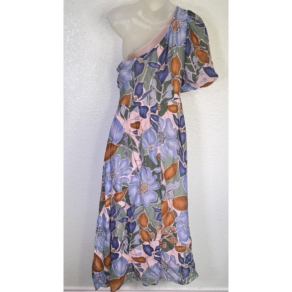 Here Comes The Sun Dress Womens Medium Floral Midi One Shoulder Resort Party NEW - Picture 2 of 13